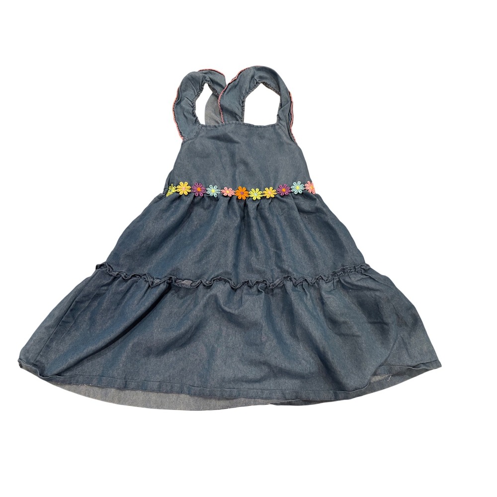Penelope Mack Girls Denim Floral Applique Tiered Sun Dress Blue Size 6X